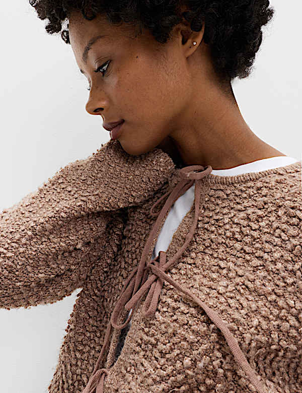 Textured Tie Front Cardigan with Wool - ES