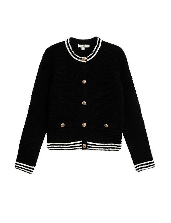 Cotton Blend Textured Crew Neck Cardigan