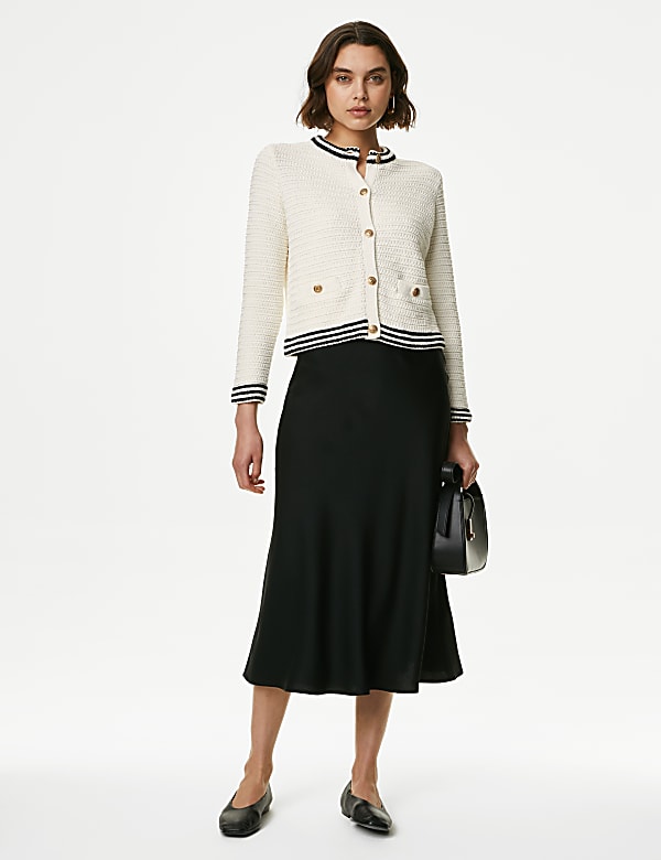 Cotton Blend Textured Crew Neck Cardigan