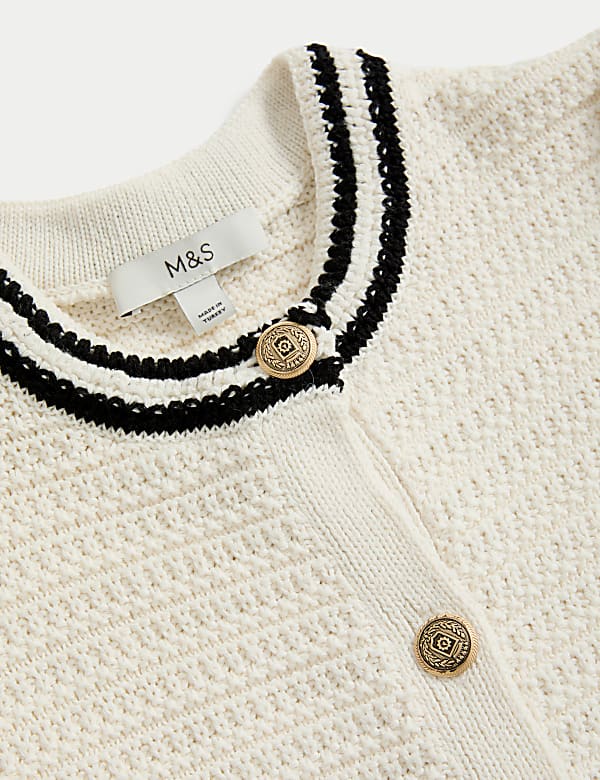 Cotton Blend Textured Crew Neck Cardigan