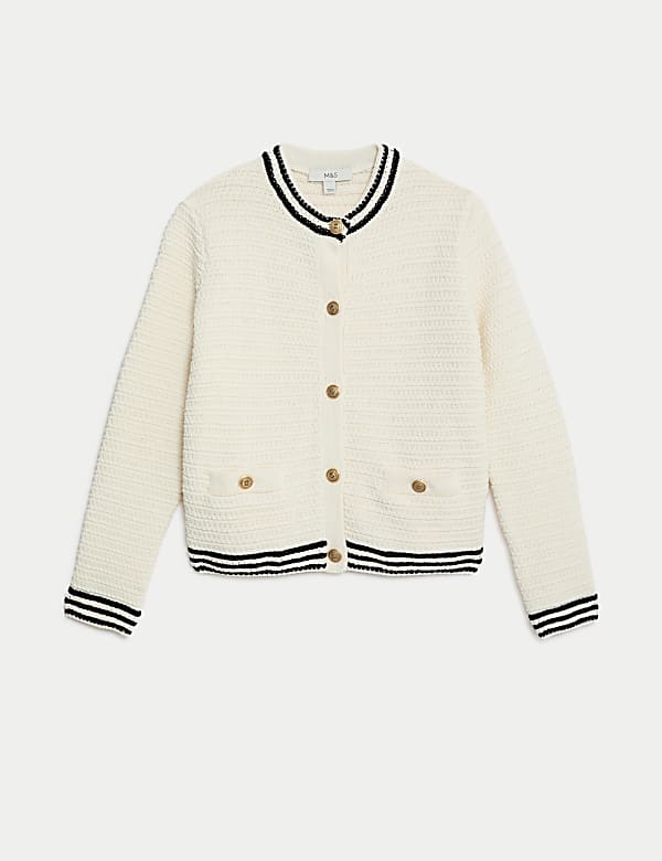 Cotton Blend Textured Crew Neck Cardigan - AU