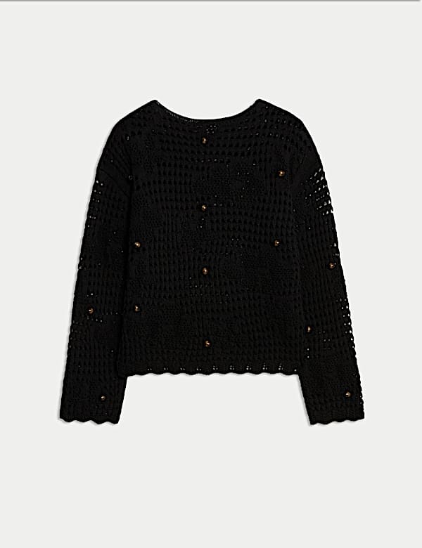 Cotton Blend Open Stitch Relaxed Cropped Jumper - RS