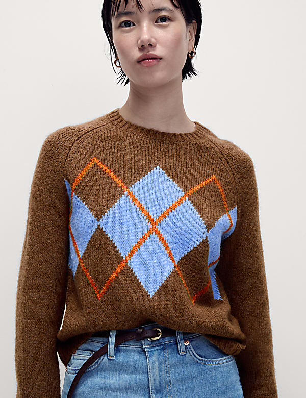 Argyle Crew Neck Jumper With Wool BROWN MIX Jumpers M S NO