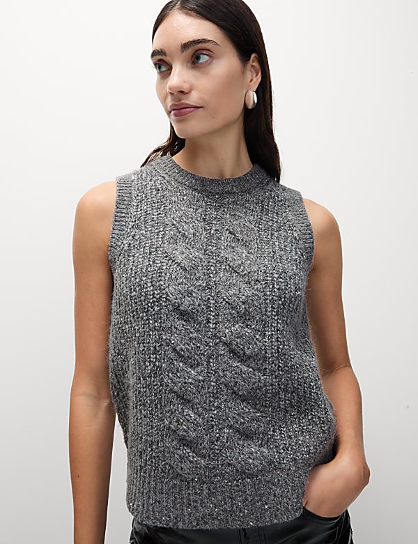 Cable Knit Sequin Knitted Vest with Wool