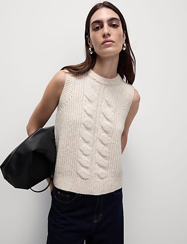 Marks Spencer Cable Knit Sequin Knitted Vest with Wool Light Natural S