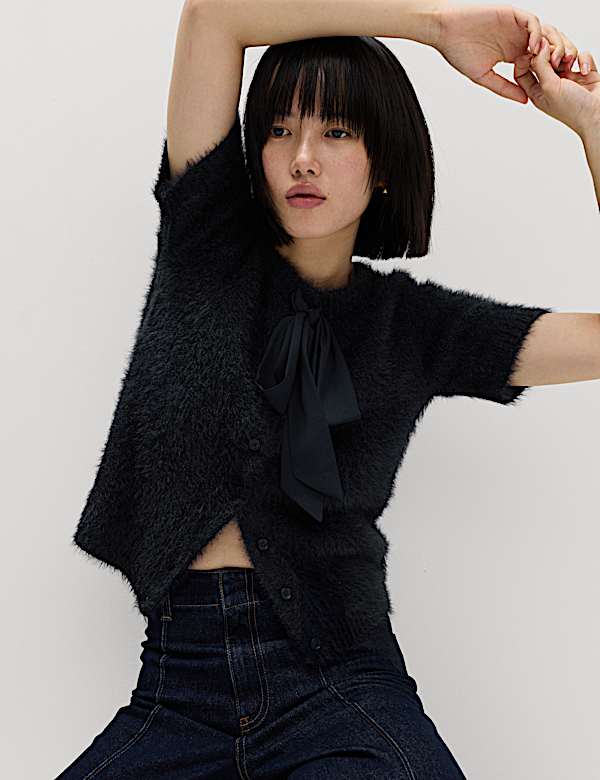 Textured Crew Neck Tie Fastening Cardigan - JE