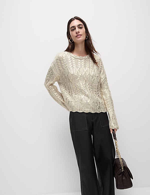 Metallic Cable Knit Crew Neck Relaxed Jumper