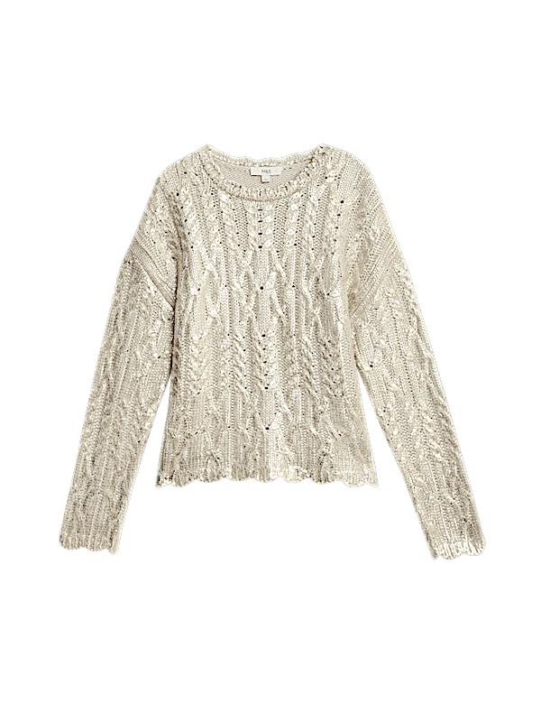 Metallic Cable Knit Crew Neck Relaxed Jumper