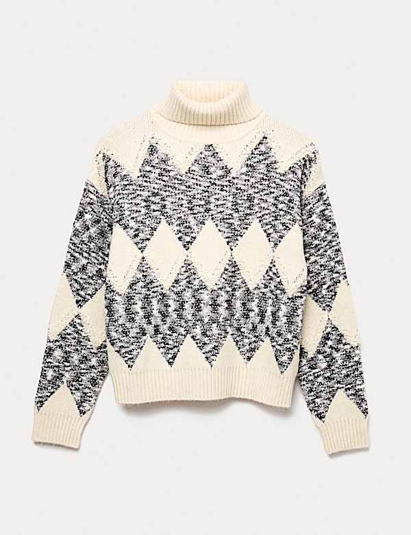 Tweed Argyle Roll Neck Jumper - CA