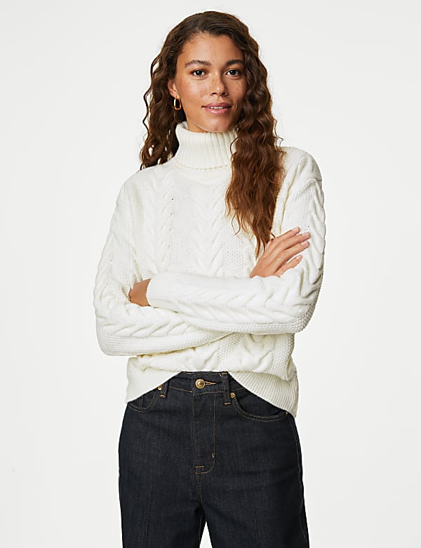 Recycled Blend Cable Knit Roll Neck Jumper - US