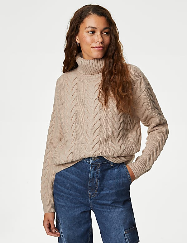 Recycled Blend Cable Knit Roll Neck Jumper - NZ