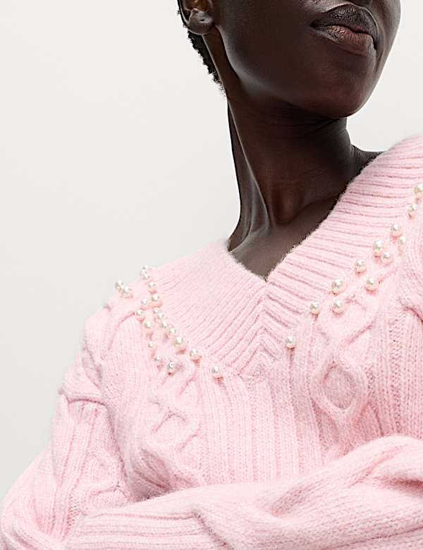 Cable Knit V-Neck Cropped Jumper with Alpaca Wool - LT