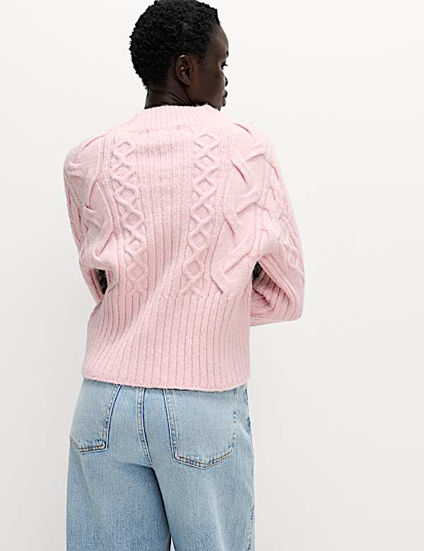 Cable Knit V-Neck Cropped Jumper with Alpaca Wool - LT