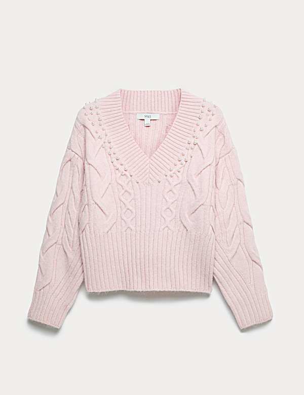 Cable Knit V-Neck Cropped Jumper with Alpaca Wool - LT