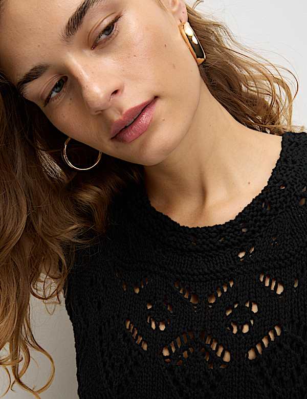 Cotton Blend Textured Crew Neck Beach Dress - RS