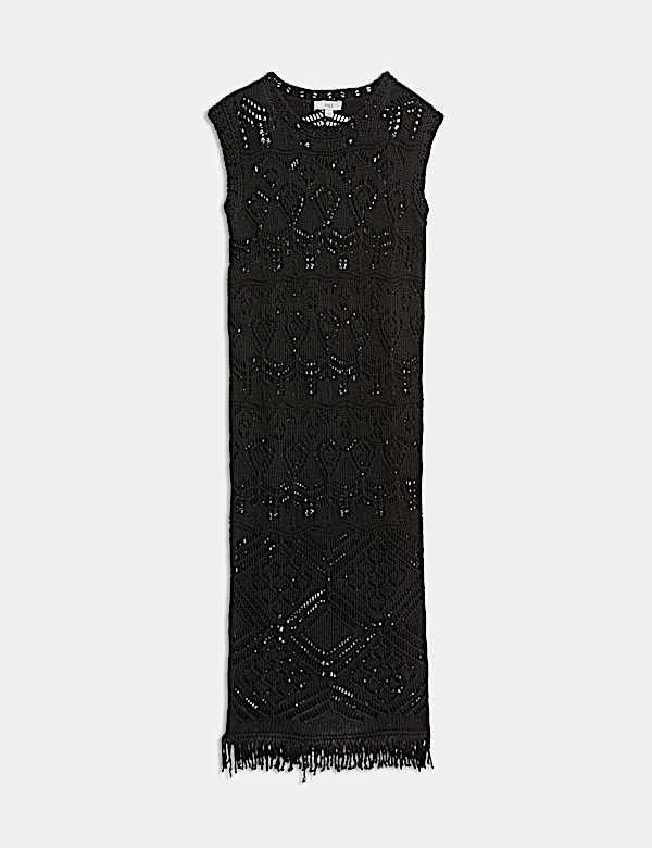 Cotton Blend Textured Crew Neck Beach Dress - RS