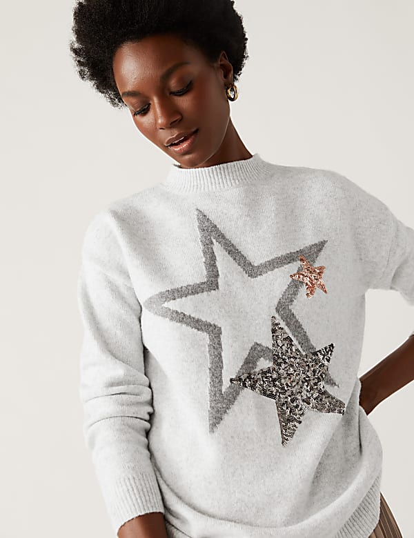 Sequin Star Crew Neck Relaxed Jumper