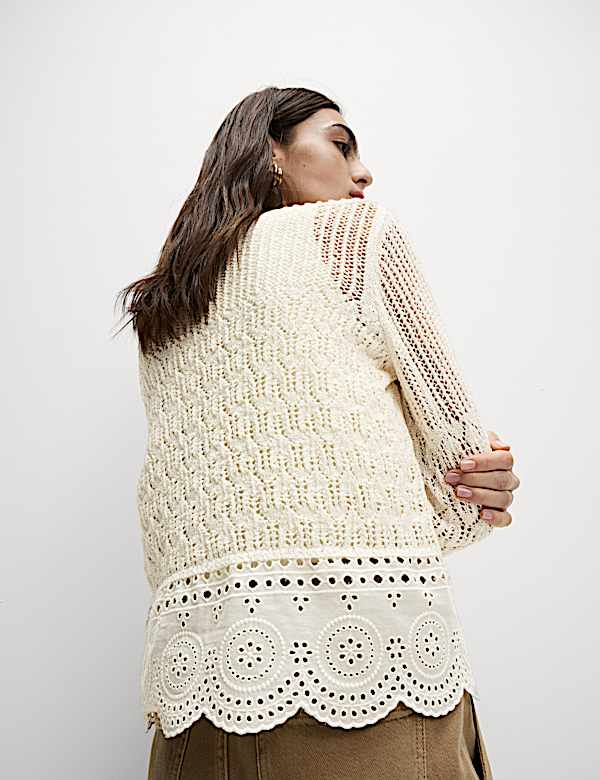Cotton Rich Pointelle Crew Neck Slim Fit Knitted Top - JE