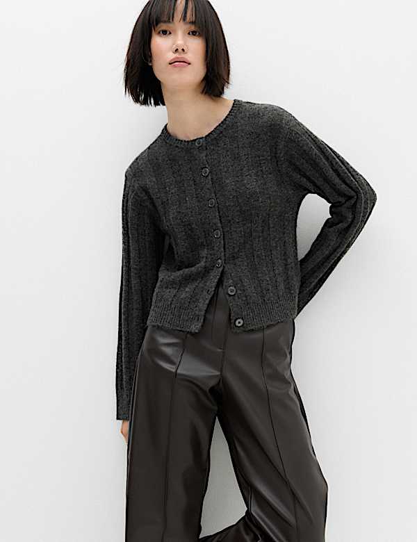 Ribbed Crew Neck Cardigan with Wool - CA