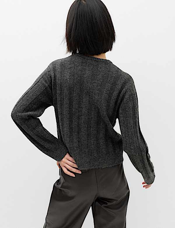 Ribbed Crew Neck Cardigan with Wool - CA