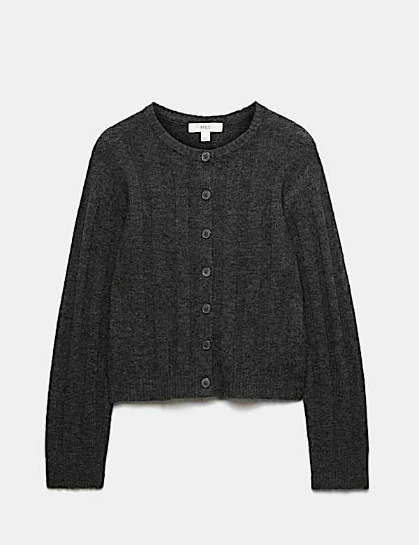 Ribbed Crew Neck Cardigan with Wool - CA