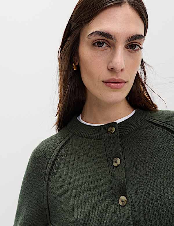 Lambswool Blend Crew Neck Cardigan - HR