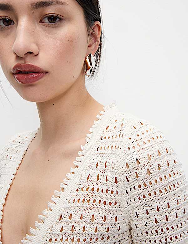 Cotton Blend Pointelle V-Neck Tie Front Cropped Cardigan - LU