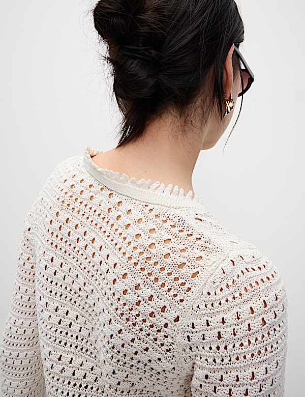 Cotton Blend Pointelle V-Neck Tie Front Cropped Cardigan - LU