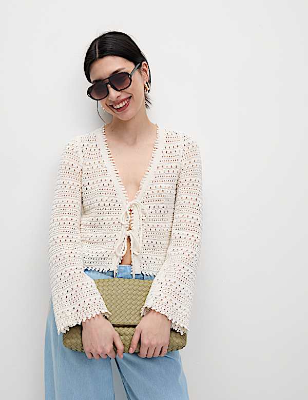 Cotton Blend Pointelle V-Neck Tie Front Cropped Cardigan - LU