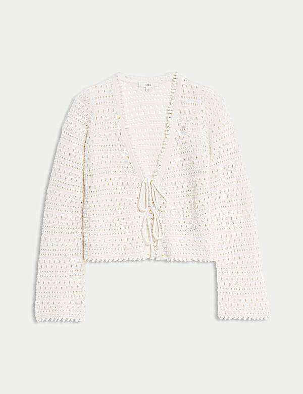 Cotton Blend Pointelle V-Neck Tie Front Cropped Cardigan - LU