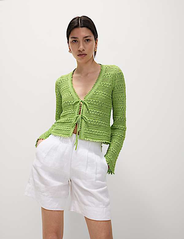 Cotton Blend Pointelle V-Neck Tie Front Cropped Cardigan - CY