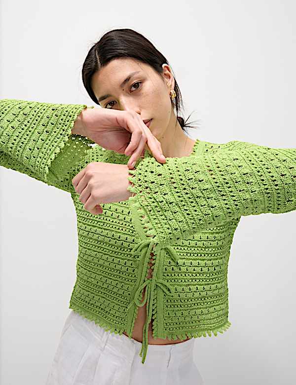Cotton Blend Pointelle V-Neck Tie Front Cropped Cardigan - CY