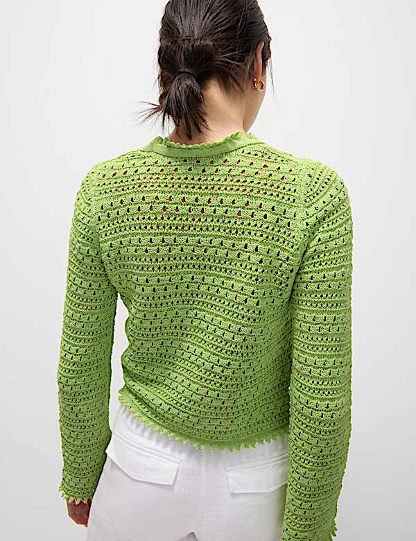 Cotton Blend Pointelle V-Neck Tie Front Cropped Cardigan - CY
