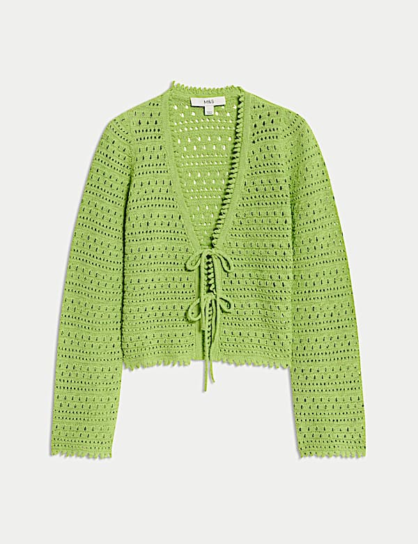 Cotton Blend Pointelle V-Neck Tie Front Cropped Cardigan - CY