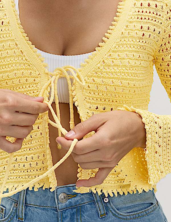 Cardigan coupe raccourcie en coton m&eacute;lang&eacute; en maille pointelle et col en V nou&eacute; sur le devant - FR