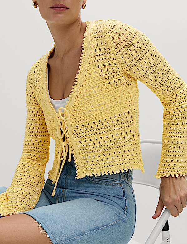 Cardigan coupe raccourcie en coton m&eacute;lang&eacute; en maille pointelle et col en V nou&eacute; sur le devant - FR