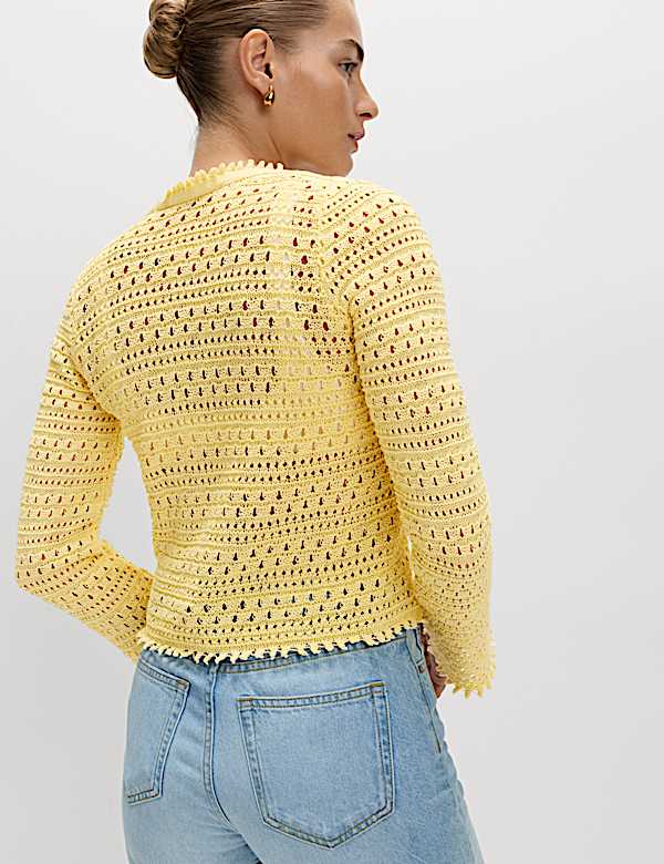 Cardigan coupe raccourcie en coton m&eacute;lang&eacute; en maille pointelle et col en V nou&eacute; sur le devant - FR