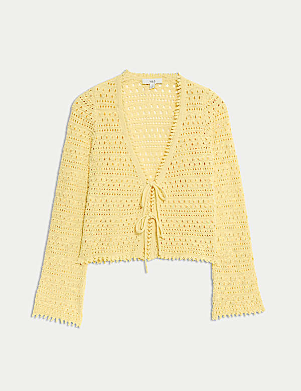Cardigan coupe raccourcie en coton m&eacute;lang&eacute; en maille pointelle et col en V nou&eacute; sur le devant - FR