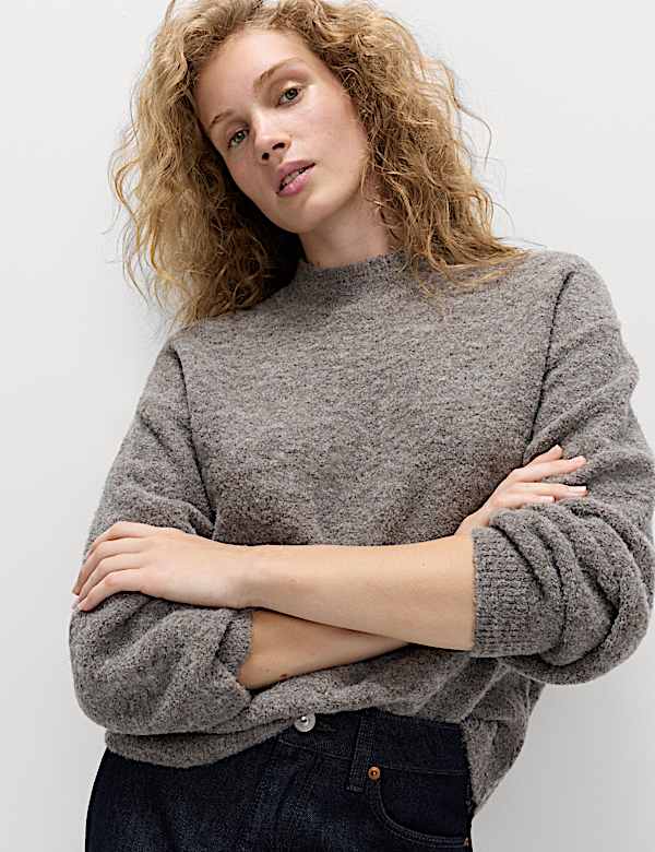 Wool Blend Textured Funnel Neck Jumper - JE