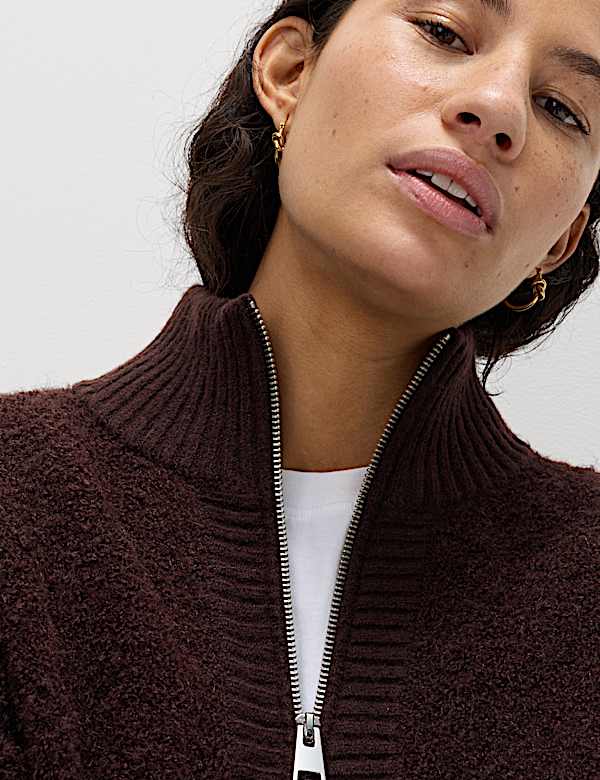 Boucle Funnel Neck Bomber Cardigan with Wool - RO