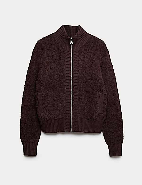 Boucle Funnel Neck Bomber Cardigan with Wool - RO