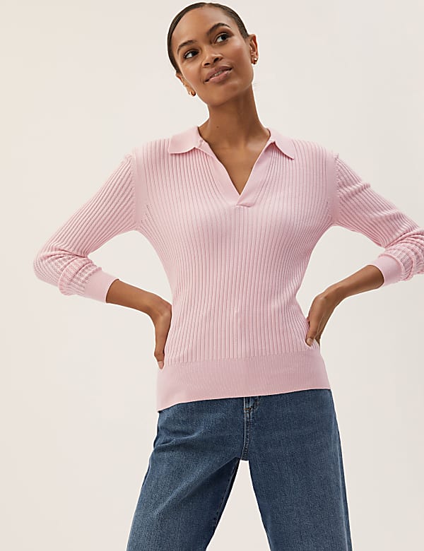 Ribbed Collared V-Neck Jumper