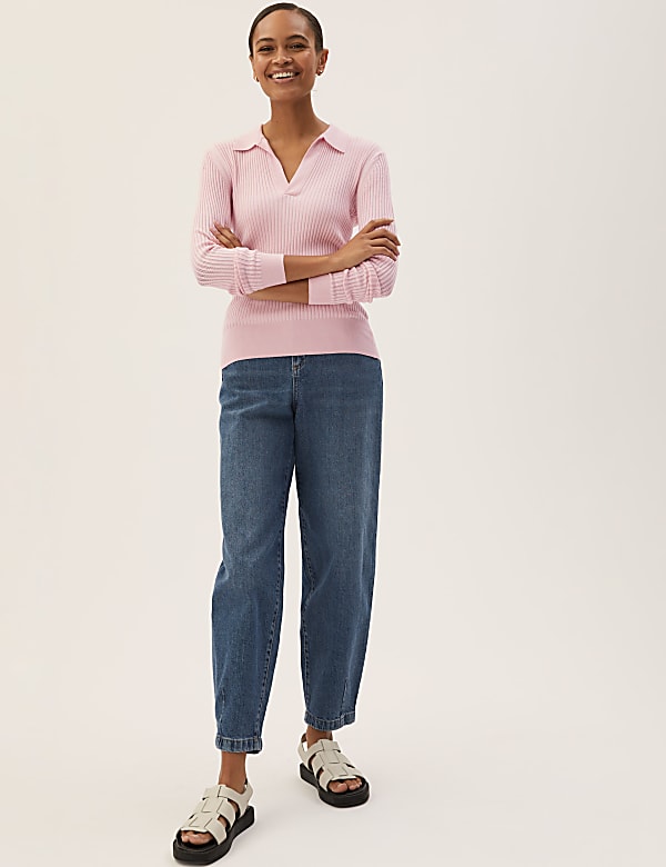 Ribbed Collared V-Neck Jumper