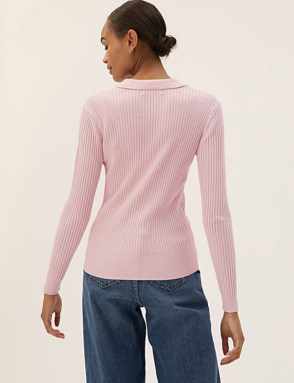 Ribbed Collared V-Neck Jumper