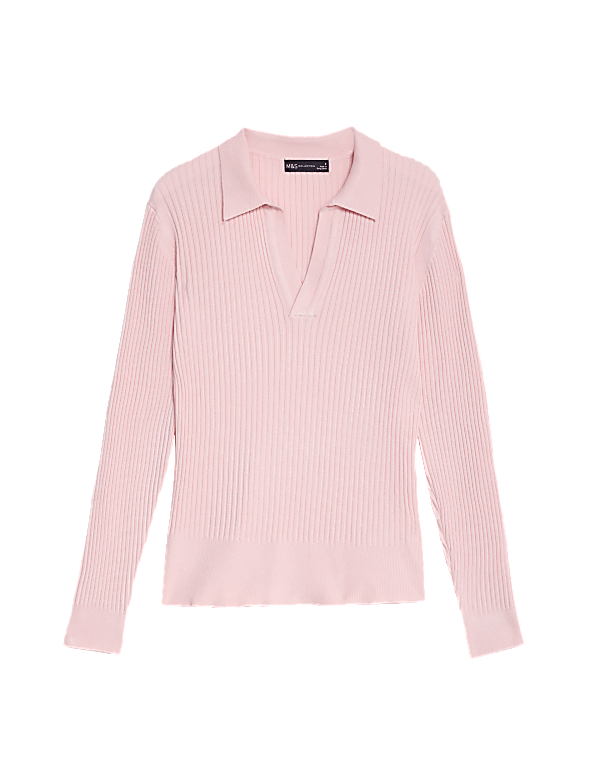 Ribbed Collared V-Neck Jumper