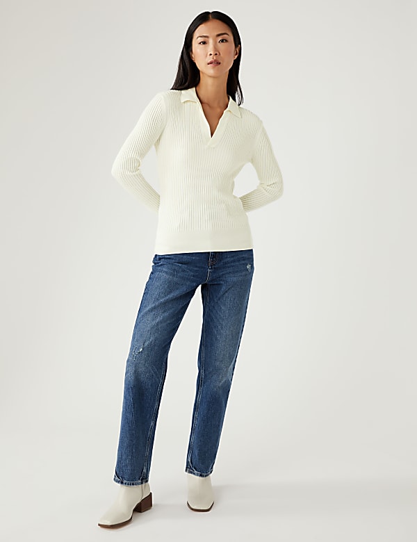 Ribbed Collared V-Neck Jumper