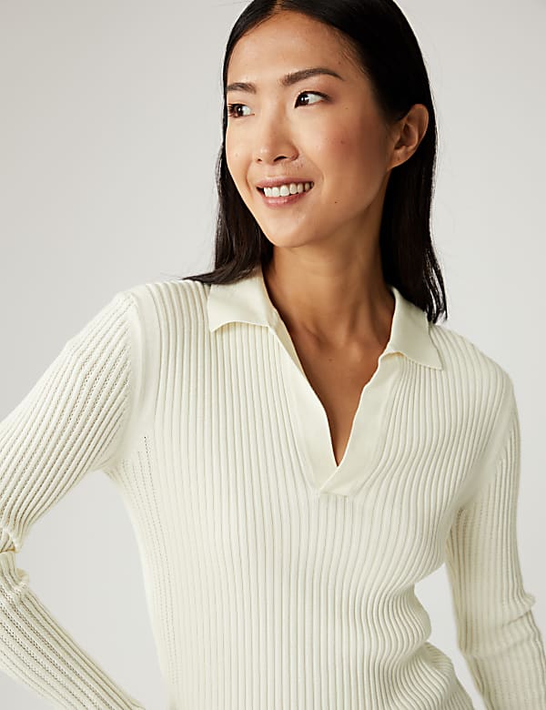 Ribbed Collared V-Neck Jumper