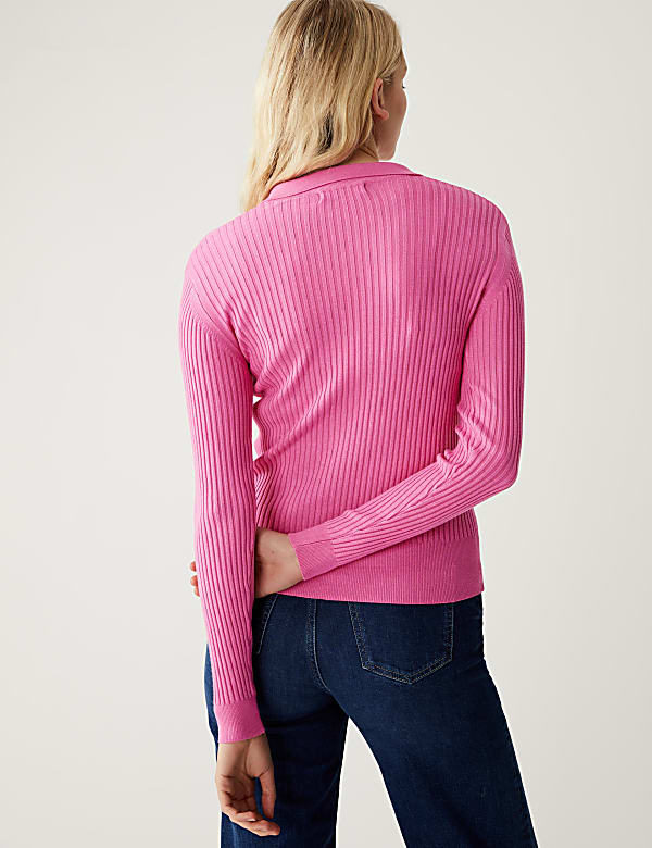 Ribbed Collared V-Neck Jumper