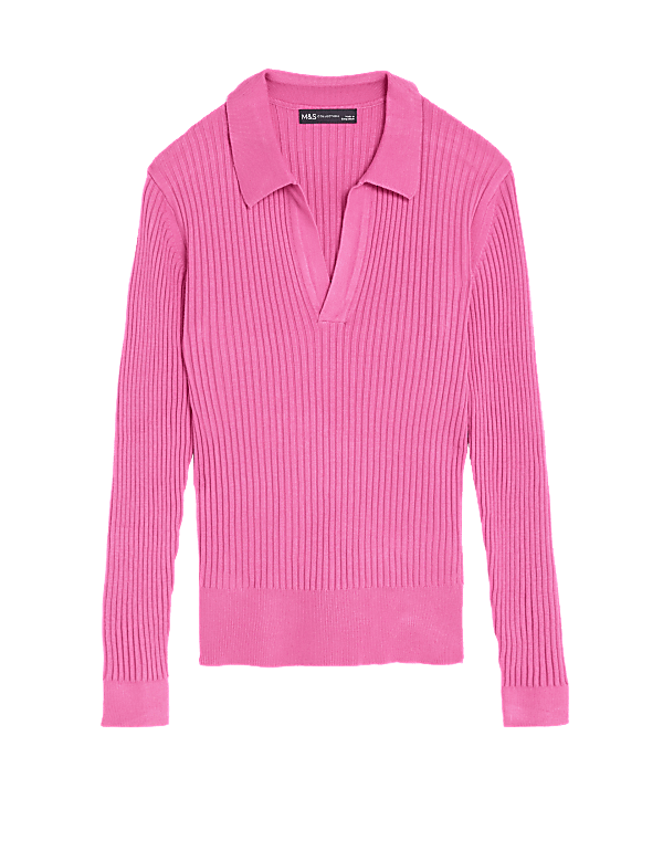 Ribbed Collared V-Neck Jumper