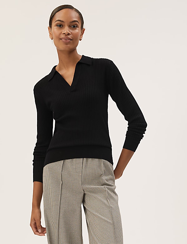 Ribbed Collared V-Neck Jumper